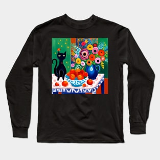 Black Cat with Gift of Fruit and Flowers Still Life Painting Long Sleeve T-Shirt